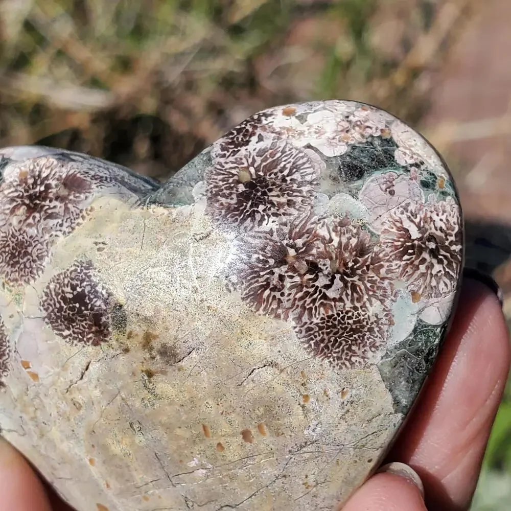 Green Rhyolite Cherry Blossom Puffy Heart Crystal Carving 96 grams